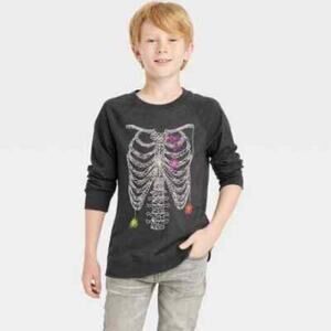 Cat & Jack Boys Gray Spider Web Skeleton Bone Long Sleeved Halloween T-Shirt